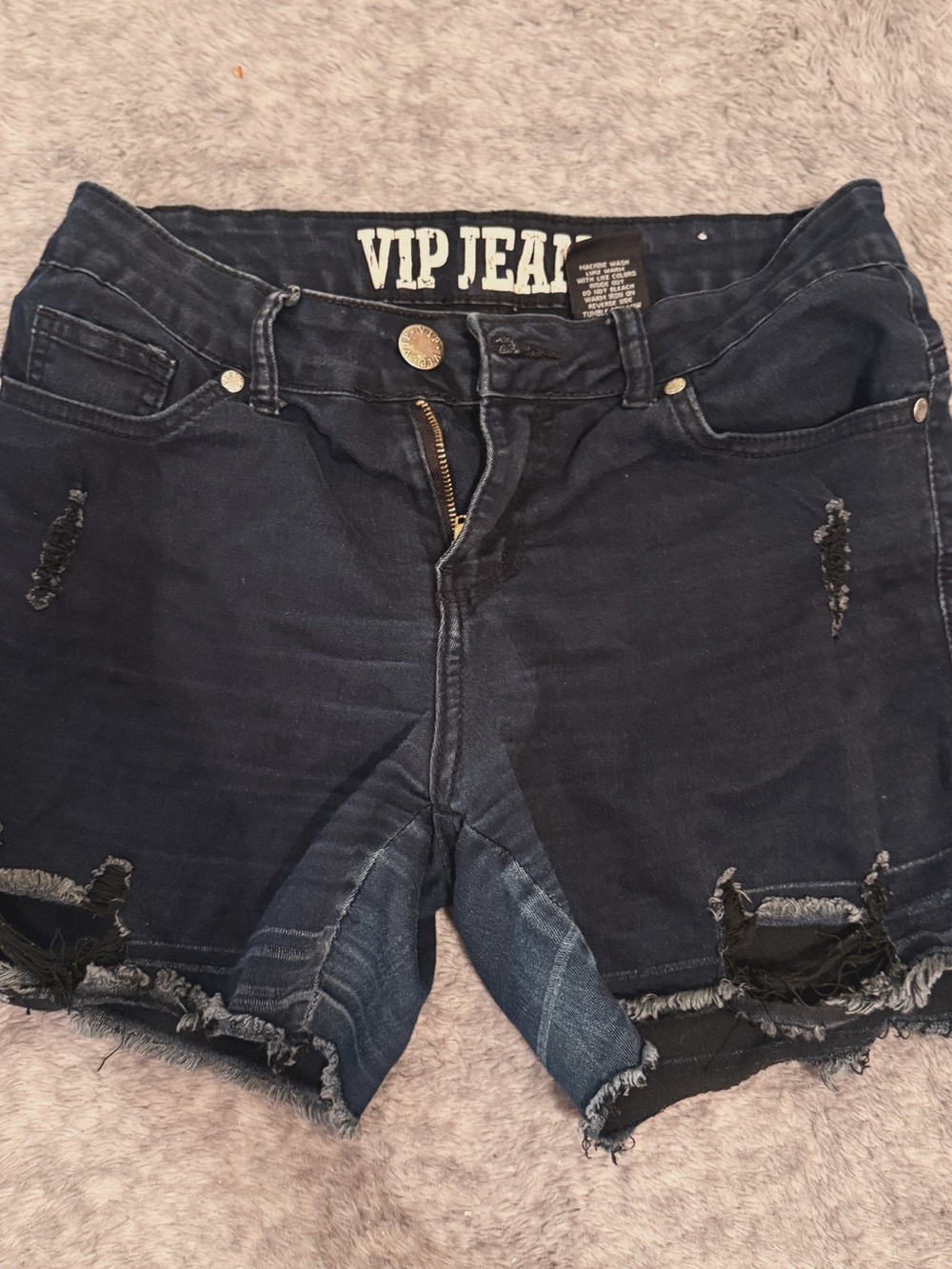 VIP Distressed Navy Blue Denim Shorts with Frayed Hem